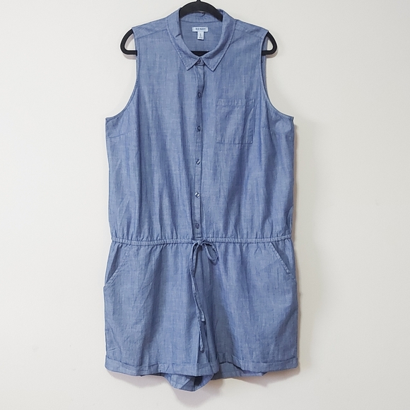 Old Navy Pants - Old Navy Women's Chambray Romper Drawstring Drop Waist High Rise Button Front XL